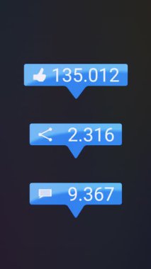 Sevgi, Paylaş ve Yorumlar düğmesinin dikey video animasyonu ve koyu arkaplan üzerinde artan sayı sayısı - sosyal medya tepki düğmeleri.