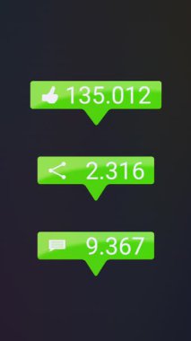 Sevgi, Paylaş ve Yorumlar 'ın dikey video animasyonu ve koyu arkaplan üzerinde artan sayı sayısı - sosyal medya tepki düğmeleri.