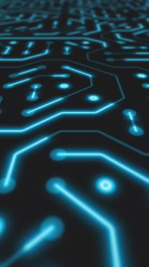 Koyu arkaplanda mavi renkli baskılı bir devre kartının dikey video animasyonu. Dijital sunucu kodu işleme veya yapay zeka derin makine öğrenme kavramı - kusursuz döngü.