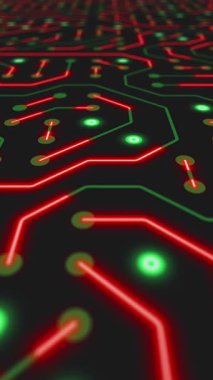 Koyu arkaplanda yeşil ve kırmızı renkli baskılı bir devre kartının dikey video animasyonu. Dijital sunucu kodu işleme veya yapay zeka derin makine öğrenme kavramı - kusursuz döngü.