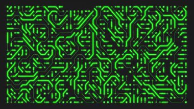 Koyu arkaplanda yeşil renkli bir devre kartının video animasyonu. Dijital sunucu kodu işleme veya yapay zeka derin makine öğrenme kavramı - kusursuz döngü.