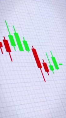 Yeşil ve kırmızı renkli hareket eden bir şamdan çizelgesinin dikey video animasyonu, beyaz arka planda, ekranda fiyatların nasıl yükseldiğini gösteriyor. Yatırımların dengesizliği (borsa, kripto para birimleri) - kusursuz döngü - iş kavramı.
