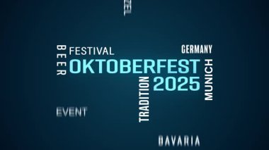 Münih 'te (Almanya) 2025 Ekim Festivali konulu bir kelime bulutunun video animasyonu - çeşitli terimler, anahtar kelimeler - iş konsepti.