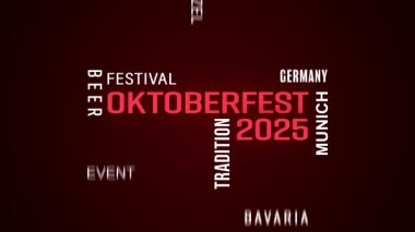 Münih 'te (Almanya) 2025 Ekim Festivali konulu bir kelime bulutunun video animasyonu - çeşitli terimler, anahtar kelimeler - iş konsepti.