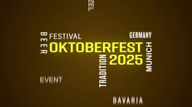 Münih 'te (Almanya) 2025 Ekim Festivali konulu bir kelime bulutunun video animasyonu - çeşitli terimler, anahtar kelimeler - iş konsepti.
