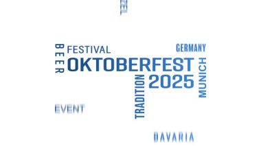 Münih 'te (Almanya) 2025 Ekim Festivali konulu bir kelime bulutunun video animasyonu - çeşitli terimler, anahtar kelimeler - iş konsepti.