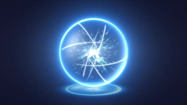 一个美丽的球体 明亮的光芒和粒子 深蓝色的背景 — 图库视频影像