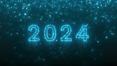 Yeni yıl kartpostalı 2024. Yeni yıl hediyesi mavi renkte ve parçacıklar ve 4K 'da ışık parıltısı.