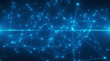 4k 'lık çizgi ve parçacık animasyonları ve parlak ışık, mavi renkli pleksus arkaplan