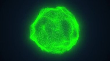 Farklı boyutlarda parçacıklardan oluşan yeşil bir kürenin canlandırması