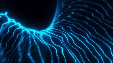 Mavi neon dalgalar, küçük noktalardan oluşan soyut şekiller, teknolojik veri akışı 