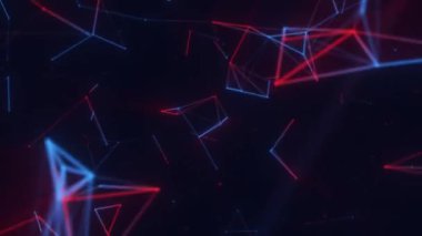 Neon tarzı kırmızı-mavi arka plan, soyut şekiller, uzayda farklı boyutlarda geometrik çizgiler. 4k olarak