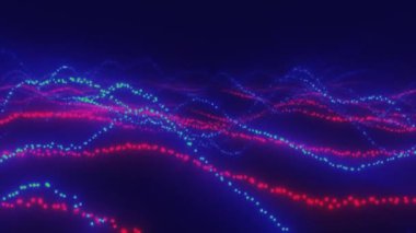 Kırmızı ve mavi renkli neon dalgalar ve parlayan parçacıklar, hareket grafikleri, 4k cinsinden çizgi animasyonu