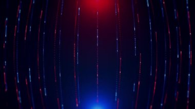 Karanlık bir zemin üzerinde dikey kırmızı ve mavi noktalı çizgilere sahip fütürist dijital soyutlama yüksek teknoloji ve bilim kurgu atmosferi yaratır..