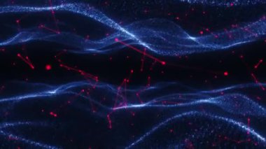 Bağlantı düğümleri ve parçacıkları olan soyut mavi ve kırmızı dijital dalga, gelecekçi ağ kavramı