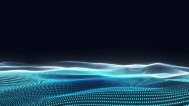 Koyu arkaplan üzerinde parlak mavi noktalar olan soyut dijital dalga manzarası, fütüristik teknoloji veya veri görselleştirme konsepti, yüksek çözünürlük