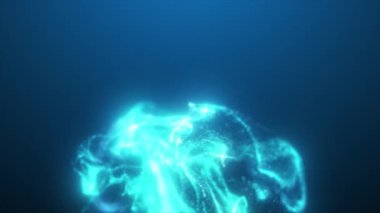 Sıvının parlak mavi arkaplanı, parçacık akışı. Hareket tasarımı ve soyut arkaplanlar