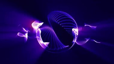 Parlayan dalga ve kürenin soyut arkaplanı, fütüristik dijital veriler ve mor tonlardaki soyut şekiller.