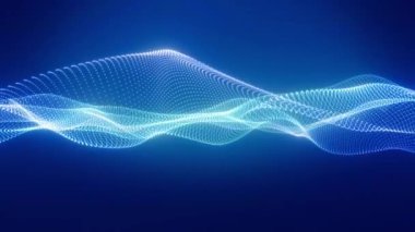 Mavi arkaplanda dijital dalgalar, ışıldayan parçacık ve dalga ve parçacık animasyonu, gelecekteki arkaplan, teknoloji ve bilim