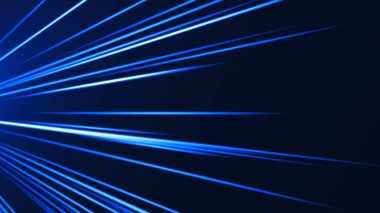 Koyu arkaplanda soyut mavi ışık çizgileri, dinamik radyal çizgiler, gelecekteki hız etkisi.