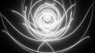 Beyaz parlak çizgiler spiral desen oluşturuyor, fütüristik ışık çizgisi. Yenilikçi siyah arkaplan