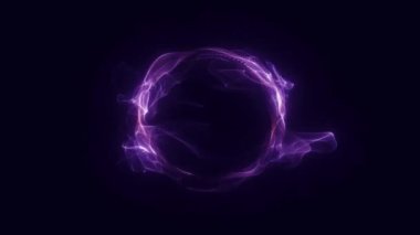 Parçacıklardan, dalgalardan ve çizgilerden oluşan soyut 3D küre, mor renkli parlayan küre