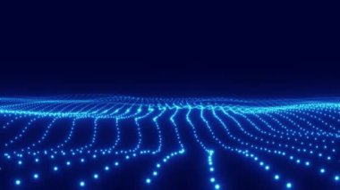 Mavi parlayan soyut parçacıklar dalga yolu boyunca ilerler, mavi parıltı ve pürüzsüz arkaplan, video 4k