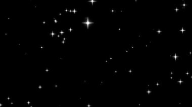 Yıldız şeklindeki parçacıklar, beyaz yıldızların soyut bir arkaplanı olan kameranın önünden uçar.