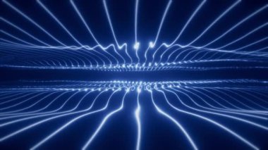 Pürüzsüz parçacıkların neon dalga arkaplanı, 4k içindeki veri akışı, parlak çizgiler ve noktaların soyut arkaplan mavisi
