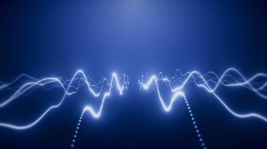 Noktalardan teknolojik çizgiler, neon çizgileri, parlak ve mavi renkli yenilikçi arka plan