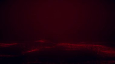 Soyut 3d dijital kırmızı dalga arkaplan, fütüristik dalgalar ve parçacık uçuşları, kırmızı parıltı, parçacık animasyonu, 4k video