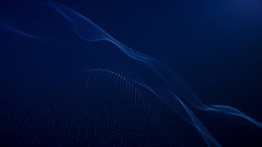 Dalgalar ve dijital noktalarla parlak mavi arkaplan, enerjik mavi parçacıklar.