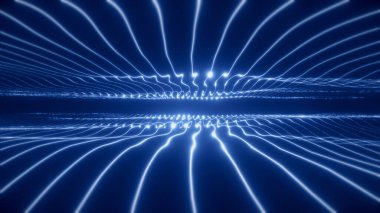 Pürüzsüz parçacıkların neon dalga arkaplanı, veri akışı, parlayan çizgiler ve noktaların soyut arkaplan mavisi