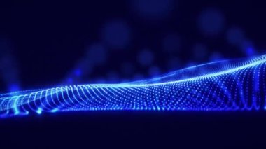 Parlayan dinamik parçacıklara sahip soyut mavi dalga animasyonu, sunumlar ve teknolojik görseller için geleceksel dijital arkaplan