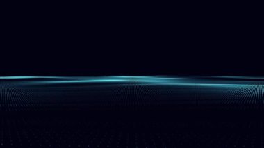 Parçacıkların ve dalgaların mavi dijital manzarası, parlak soyut dalgalar, teknolojik mavi arkaplan