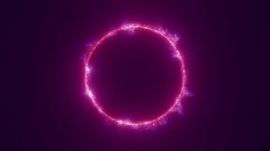 Koyu mor arka planda dönen parçacıkların parlayan pembe soyut portalı. Dinamik parlak parçacık akışı, gelecekteki enerji halkası