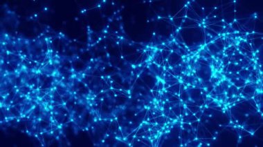 Koyu arkaplan üzerinde birbirine bağlı düğüm ve çizgilerle soyut mavi parlayan ağ, gelecekteki dijital teknoloji kavramı.