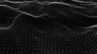 Akan dalgalar ve beyaz noktalar ile soyut monokrom arkaplan, siyah arkaplan üzerinde teknolojik parçacık animasyonu, pürüzsüz ve dinamik hareket tasarımı