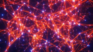 Geometrik arkaplan kırmızı çizgiler ve mavi noktalarla bağlandı, soyut dijital tasarım, pleksus deseni