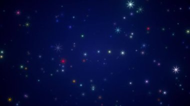 Koyu mavi arka planda parıldayan çok renkli yıldızların olduğu neşeli bir animasyon. Soyut ve atmosferik, kış tatilleri için, Noel kartları.