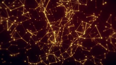 Karanlık bir arkaplan, soyut geometrik şekiller, dijital bağlantılar üzerindeki bağlı düğümlerin altın parıldayan ağı.