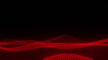 Siyah zemin üzerinde kırmızı ışık parçacıklarının parlayan dalgası, akış çizgileriyle soyut dijital hareket.