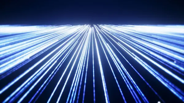 Bakış açısında beyaz dijital çizgilere sahip parlak arkaplan, akan enerjiyi temsil ediyor ve gelecekteki veri merkezi kavramını temsil ediyor