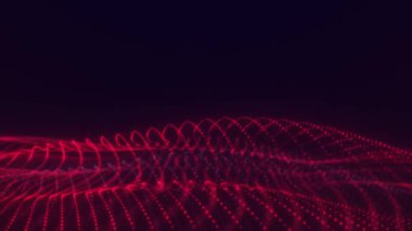 Soyut 3d dalga akışı, koyu mavi arkaplanda kırmızı çizgiler, parlak parçacık animasyonu, dijital akış