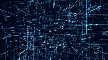 Perspektif olarak bilim kurgu mavi arkaplan, çizgi ve noktaların rakam arkaplanı, 4k illüstrasyon