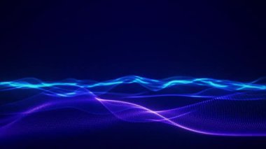 Soyut dijital dalga arkaplanı. Parlayan mavi ve mor çizgiler koyu arkaplanda pürüzsüz akıyor. Dinamik veri akışı ve iletişimi olan gelecekçi teknoloji kavramı