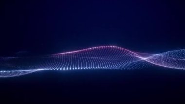 Uçan parçacıkların dijital arkaplanı ve koyu mavi arkaplan üzerinde sorunsuzca hareket eden ışık dalgaları, fütüristik parçacık akışı, soyut dalga
