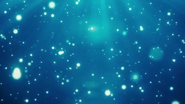 Parlak mavi arkaplanda parlayan parçacıklar, ışık noktaları ve ışınları, renkli ışık arkaplanı, ışık parçacık animasyonu, dijital sanat