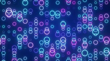 Dairelerin ve parçacıkların parlak arkaplanı, dinamik fütüristik arkaplan, neon parçacık animasyonu