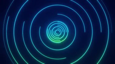 Hızlı hareket eden dairesel mavi çizgiler fütüristik bir dijital arkaplan oluşturuyor. Parlak teknoloji çizgileri ve hareket akışıyla kavramsal animasyon